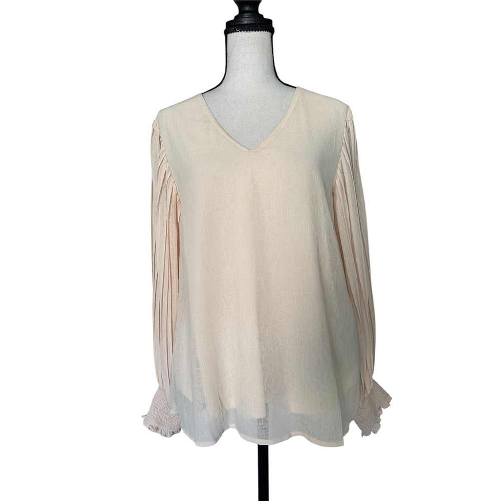 Entro Blush Pink Pleated Balloon Sleeve V-Neck Blouse Top T13463 Size Small